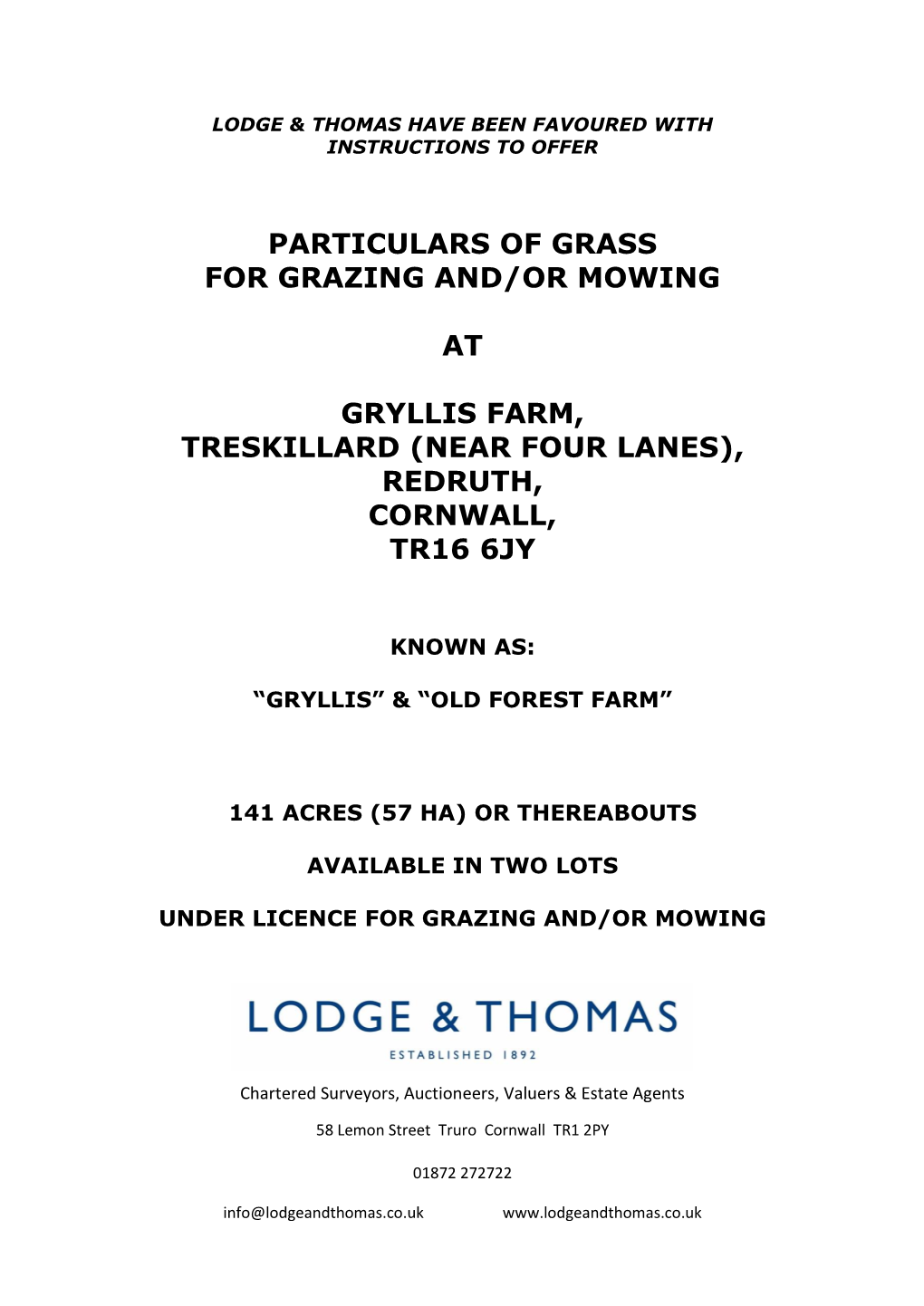 Particulars of Grass for Grazing And/Or Mowing at Gryllis Farm, Treskillard