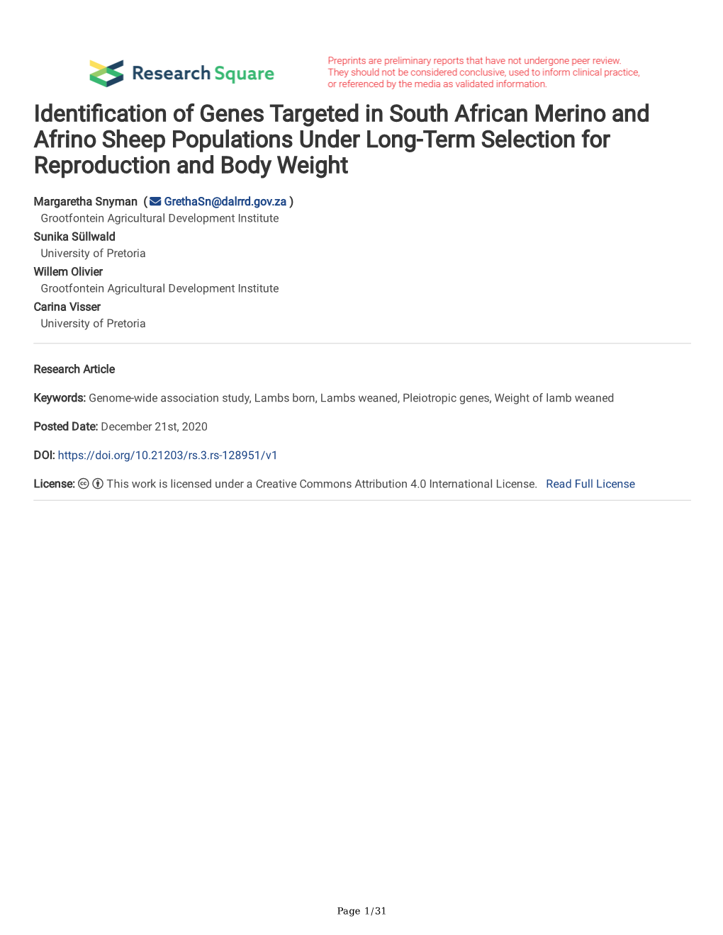 Identi Cation of Genes Targeted in South African Merino and Afrino