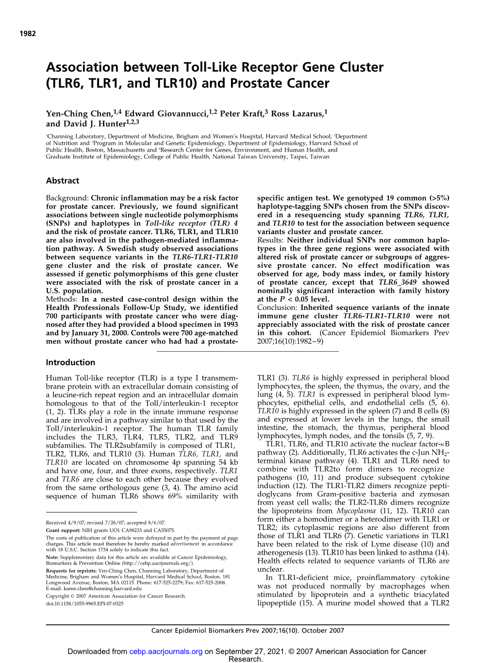 TLR6, TLR1, and TLR10) and Prostate Cancer