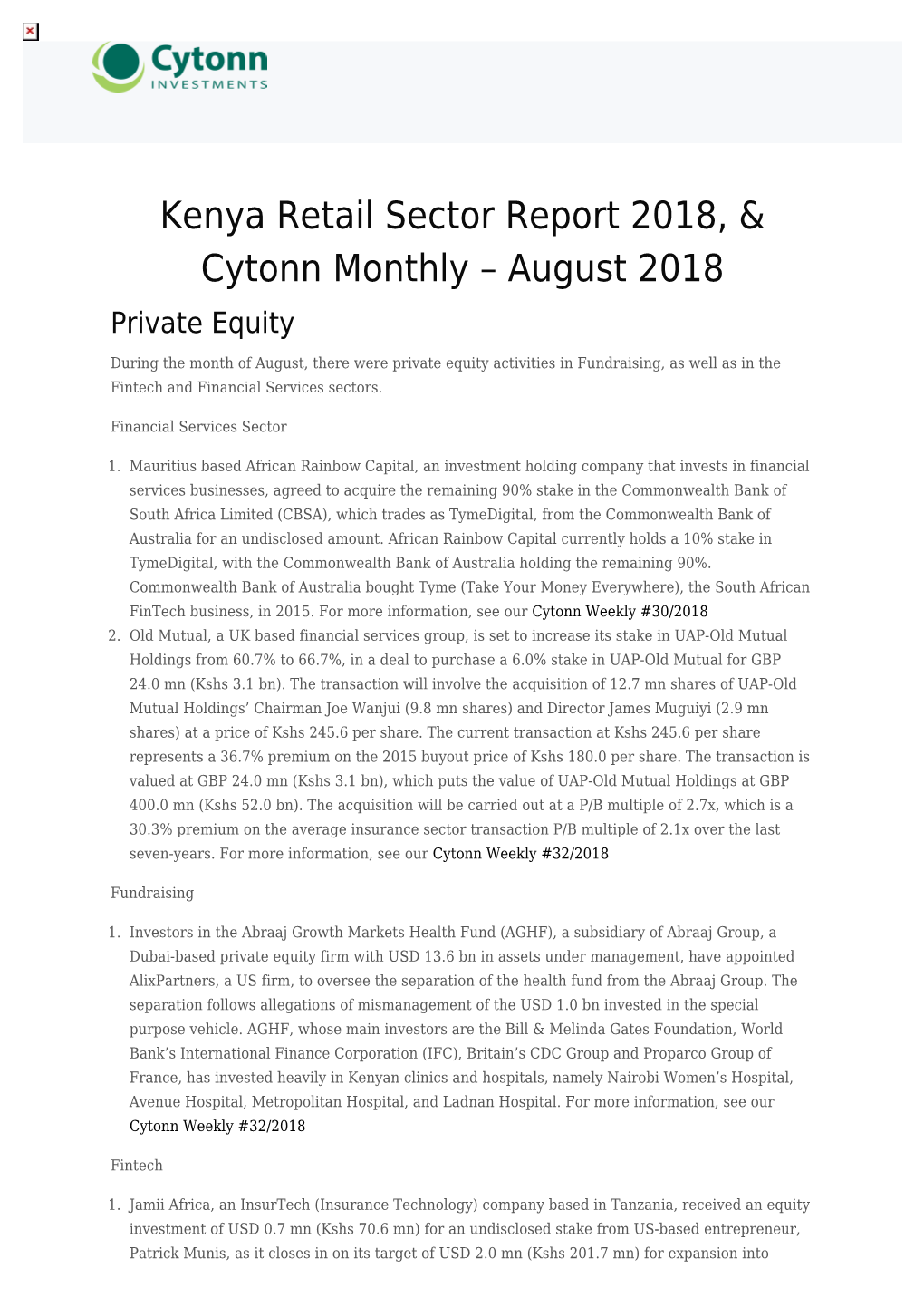 Kenya Retail Sector Report 2018, & Cytonn Monthly