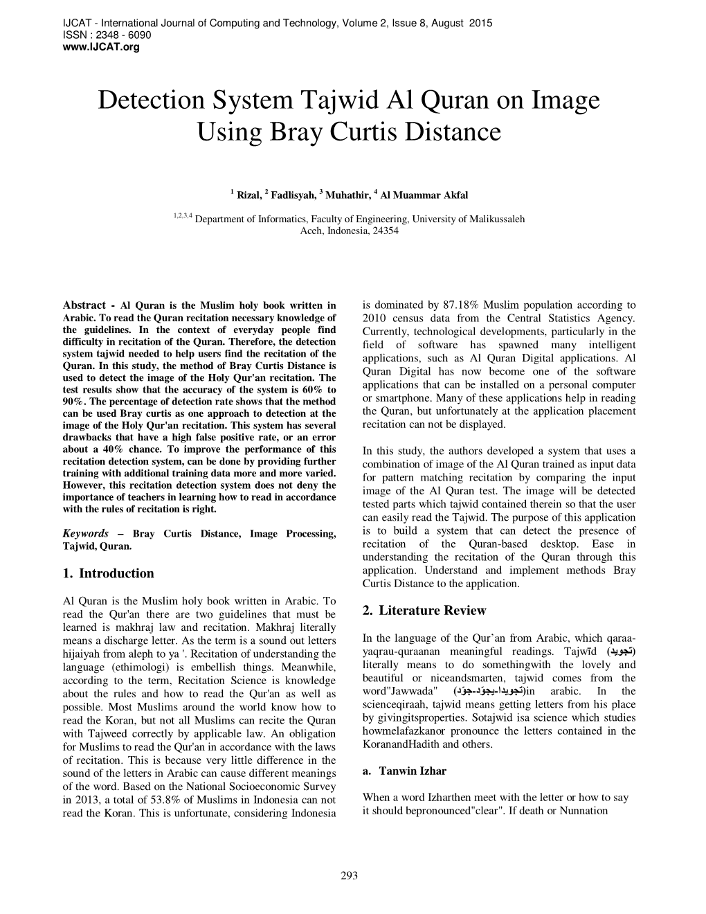 Detection System Tajwid Al Quran on Image Using Bray Curtis Distance