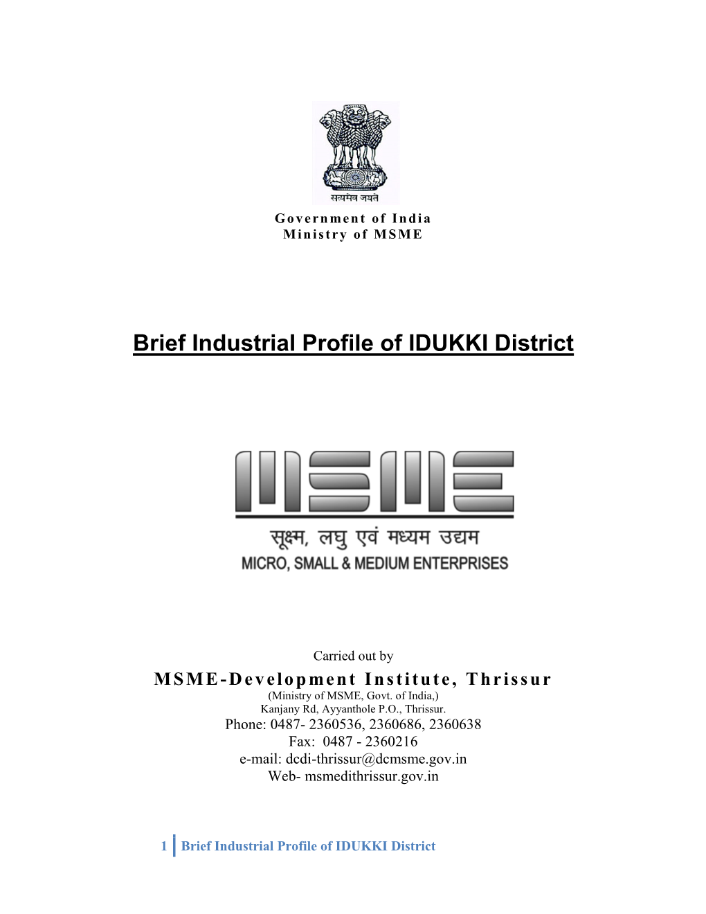 Brief Industrial Profile of IDUKKI District