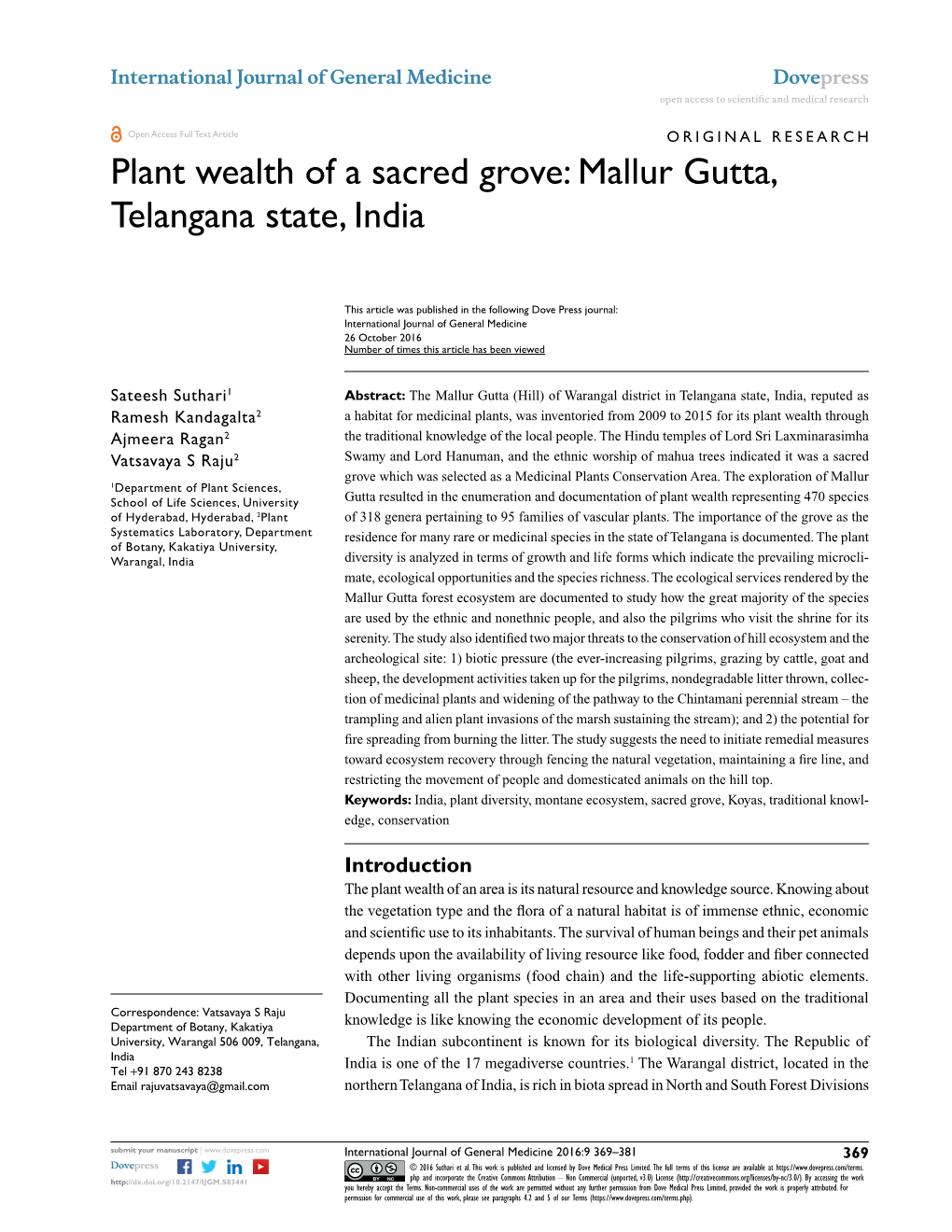 Plant Wealth of a Sacred Grove: Mallur Gutta, Telangana State, India