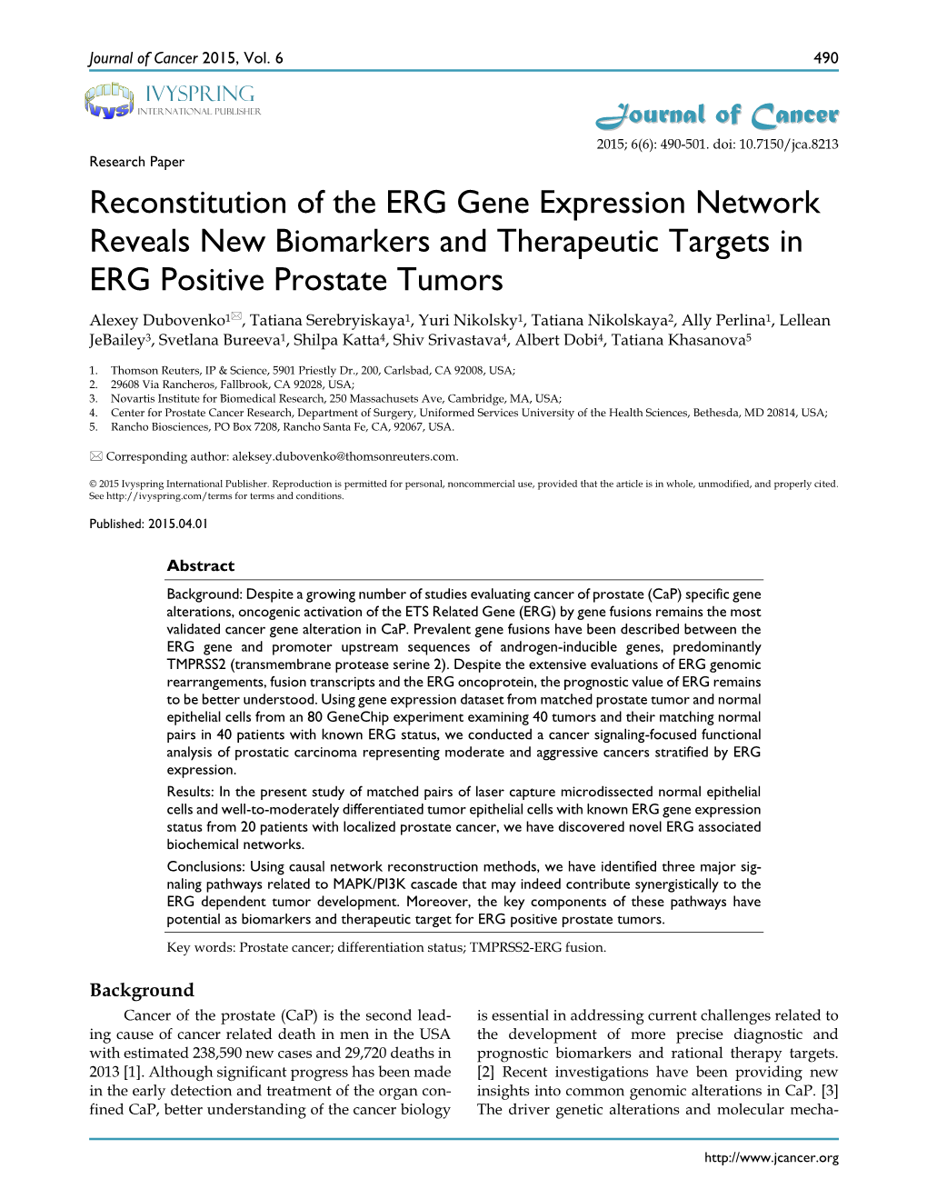 Reconstitution of the ERG Gene Expression Network Reveals New Biomarkers and Therapeutic Targets in ERG Positive Prostate Tumors