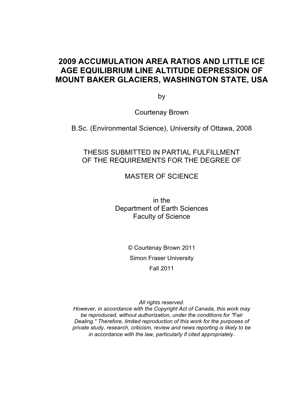 2009 Accumulation Area Ratios and Little Ice Age Equilibrium Line Altitude Depression of Mount Baker Glaciers, Washington State, Usa