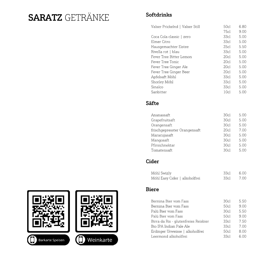 Saratz Barkarte Getränke
