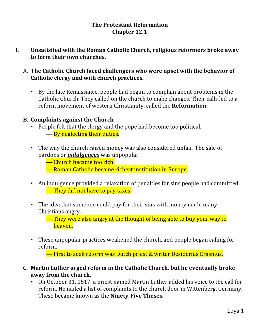 Loya 1 the Protestant Reformation Chapter 12.1 I. Unsatisfied with The