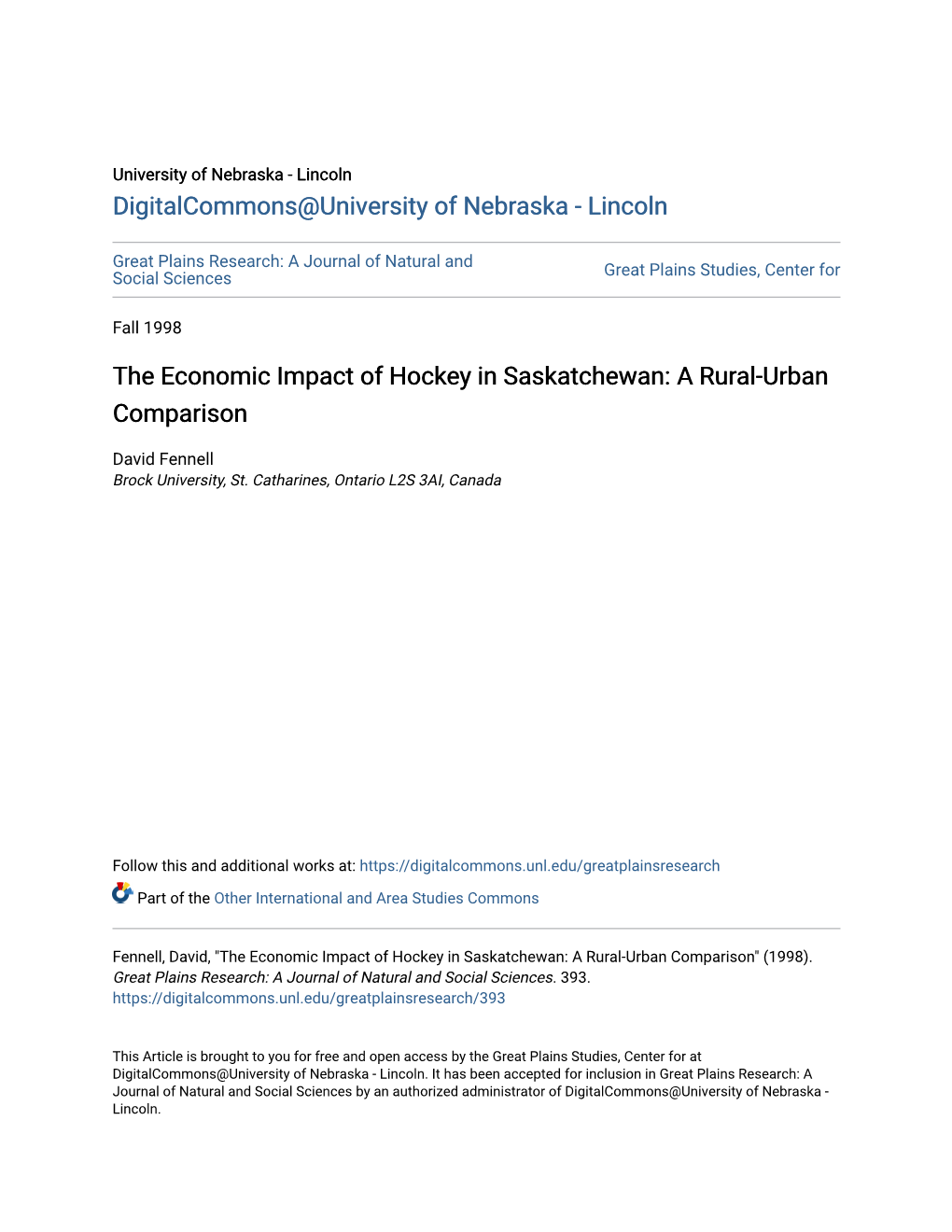 The Economic Impact of Hockey in Saskatchewan: a Rural-Urban Comparison