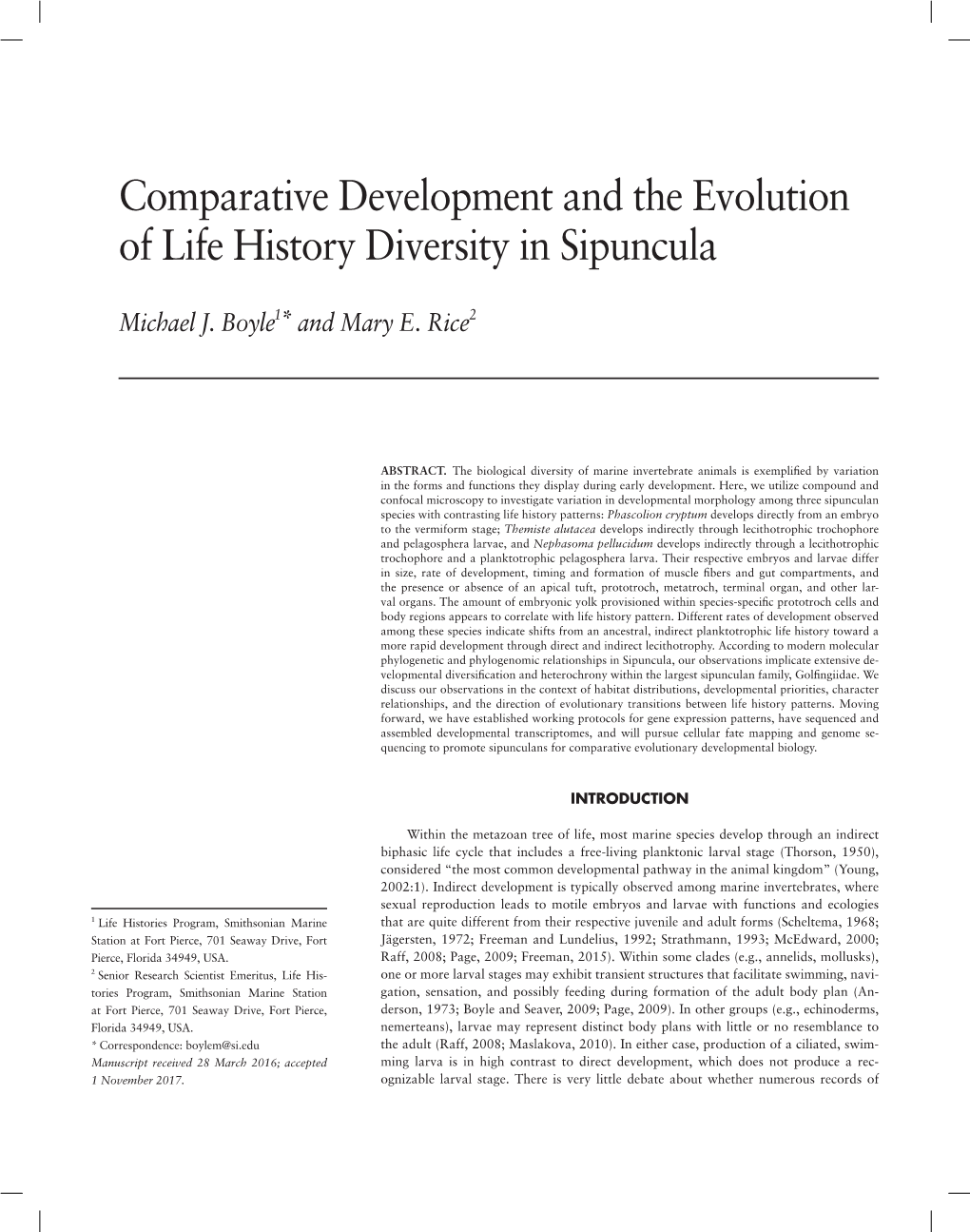 Comparative Development and the Evolution of Life History Diversity in Sipuncula