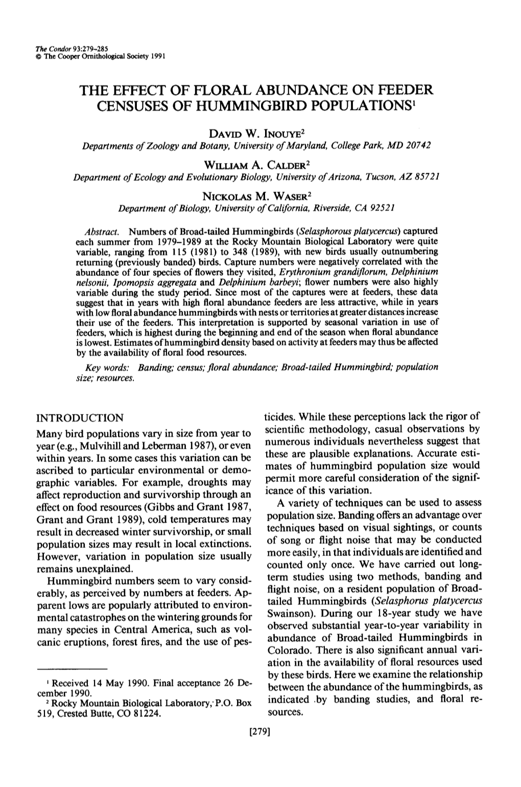 The Effect of Floral Abundance on Feeder Censuses of Hummingbird Populations