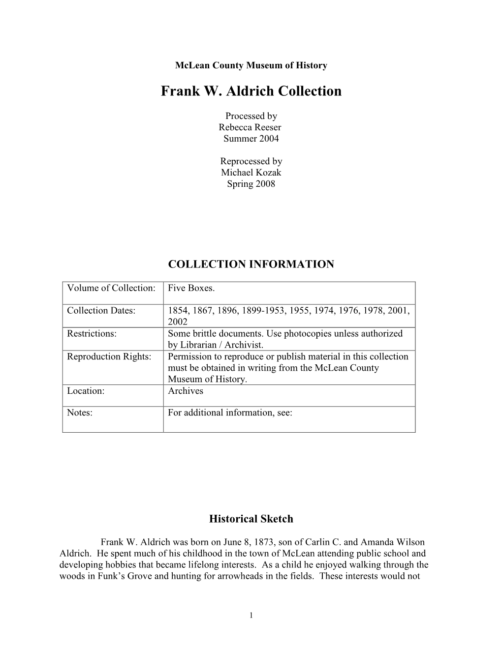 Frank W. Aldrich Collection