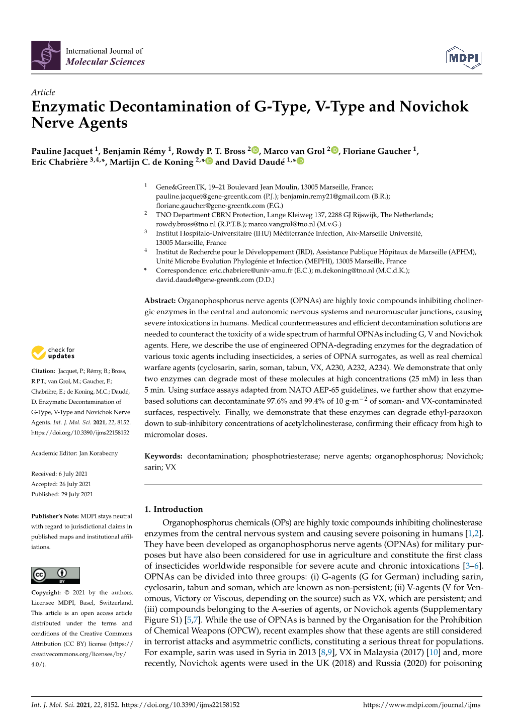 Enzymatic Decontamination of G-Type, V-Type and Novichok Nerve Agents