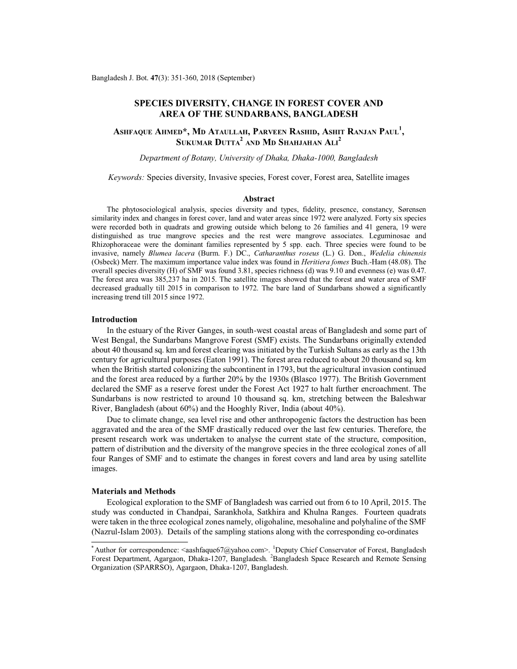 Species Diversity, Change in Forest Cover and Area of the Sundarbans, Bangladesh