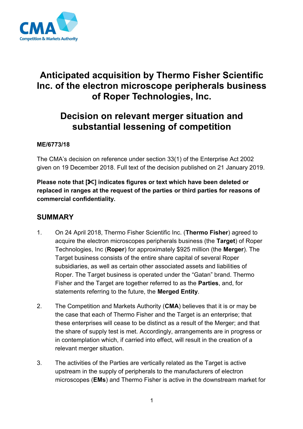 Anticipated Acquisition by Thermo Fisher Scientific Inc