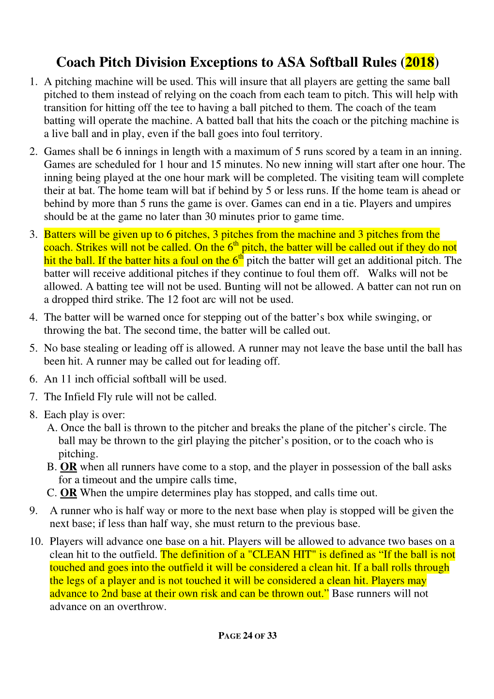 Coach Pitch Division Exceptions to ASA Softball Rules (2018) 1