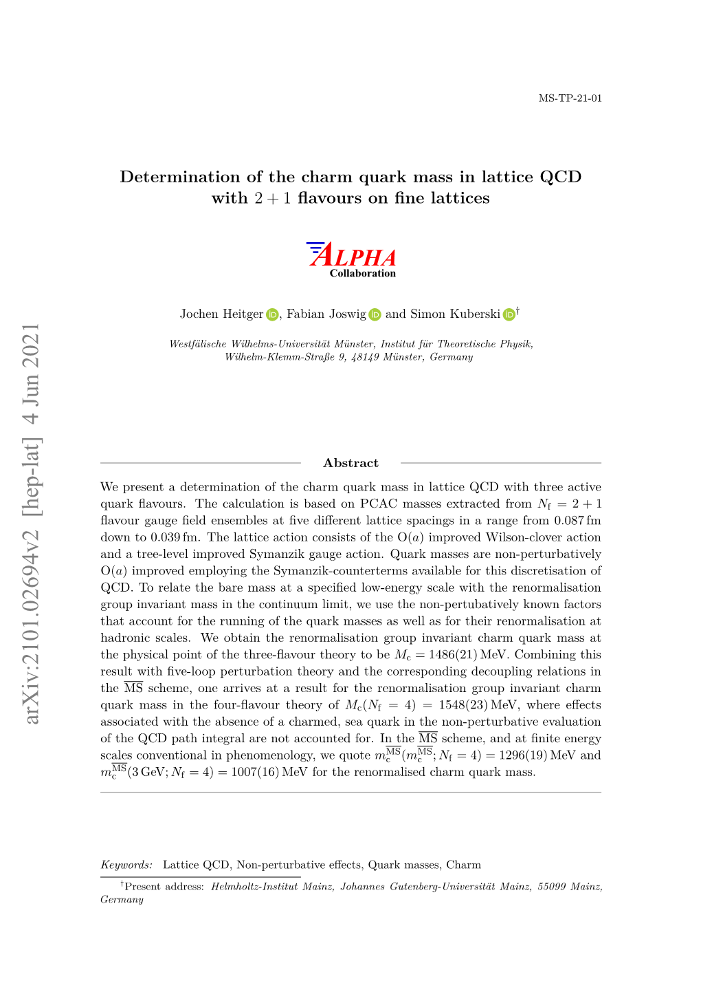 Determination of the Charm Quark Mass in Lattice QCD with 2+1