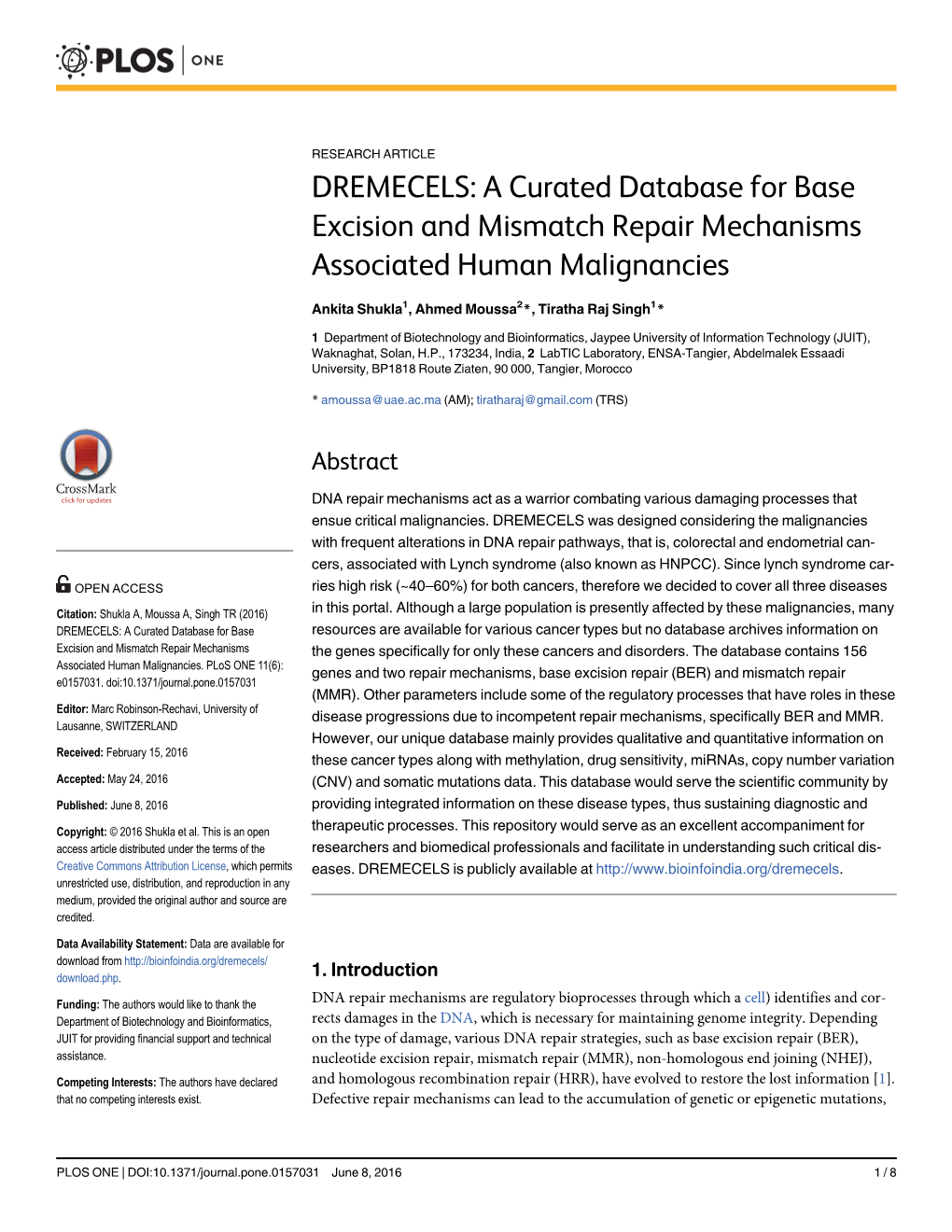 A Curated Database for Base Excision and Mismatch Repair Mechanisms Associated Human Malignancies