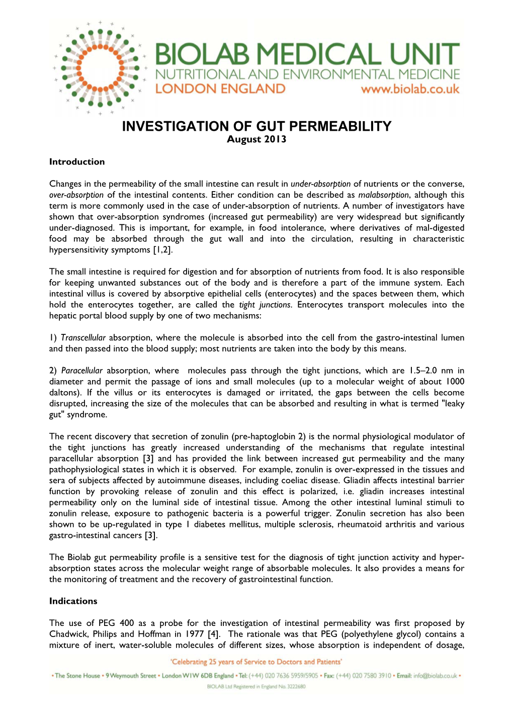 INVESTIGATION of GUT PERMEABILITY August 2013