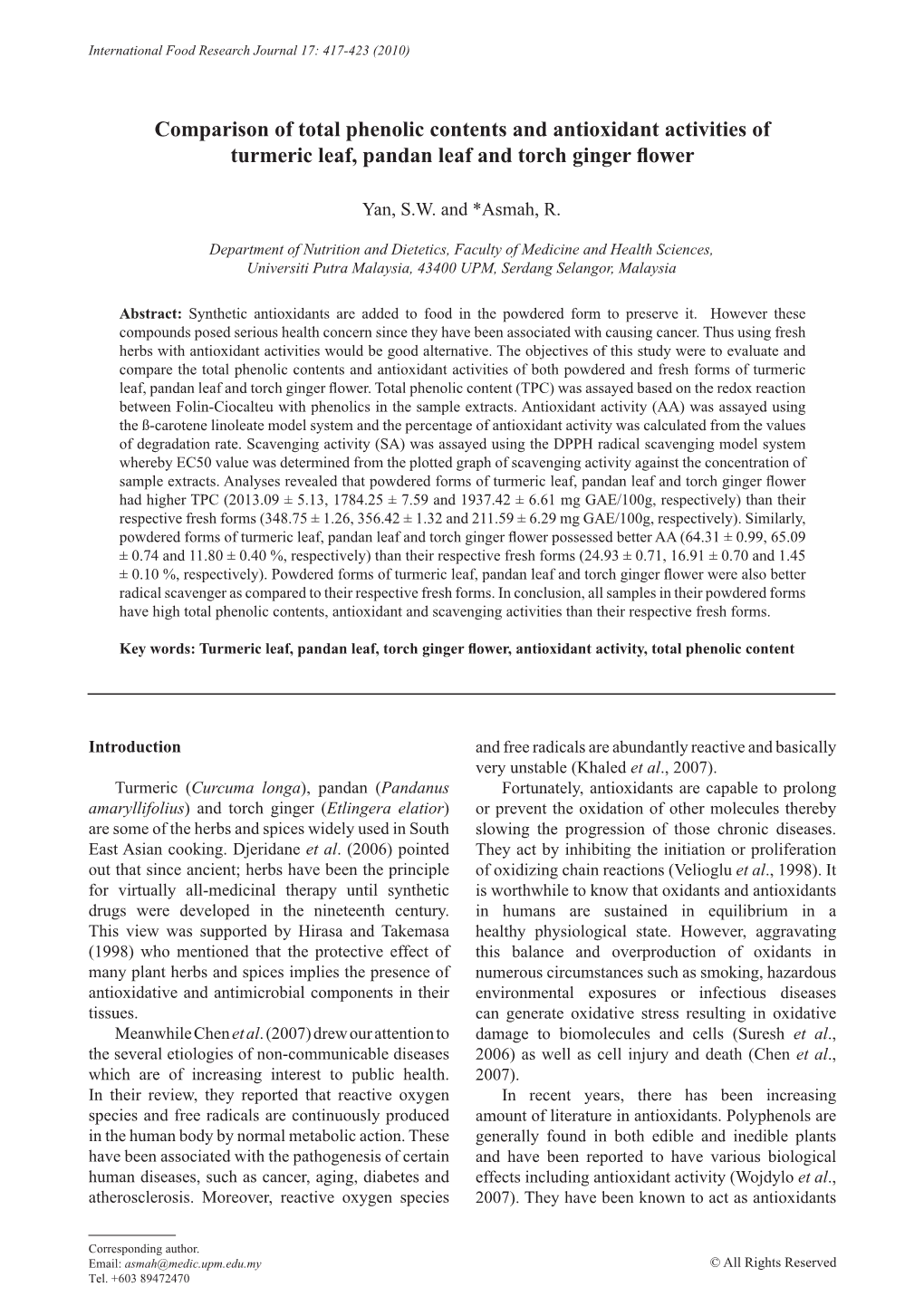 Comparison of Total Phenolic Contents and Antioxidant Activities of Turmeric Leaf, Pandan Leaf and Torch Ginger Flower