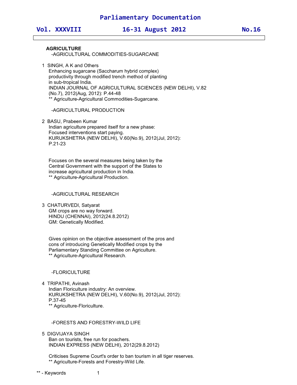 Parliamentary Documentation Vol. XXXVIII 16-31 August 2012 No.16
