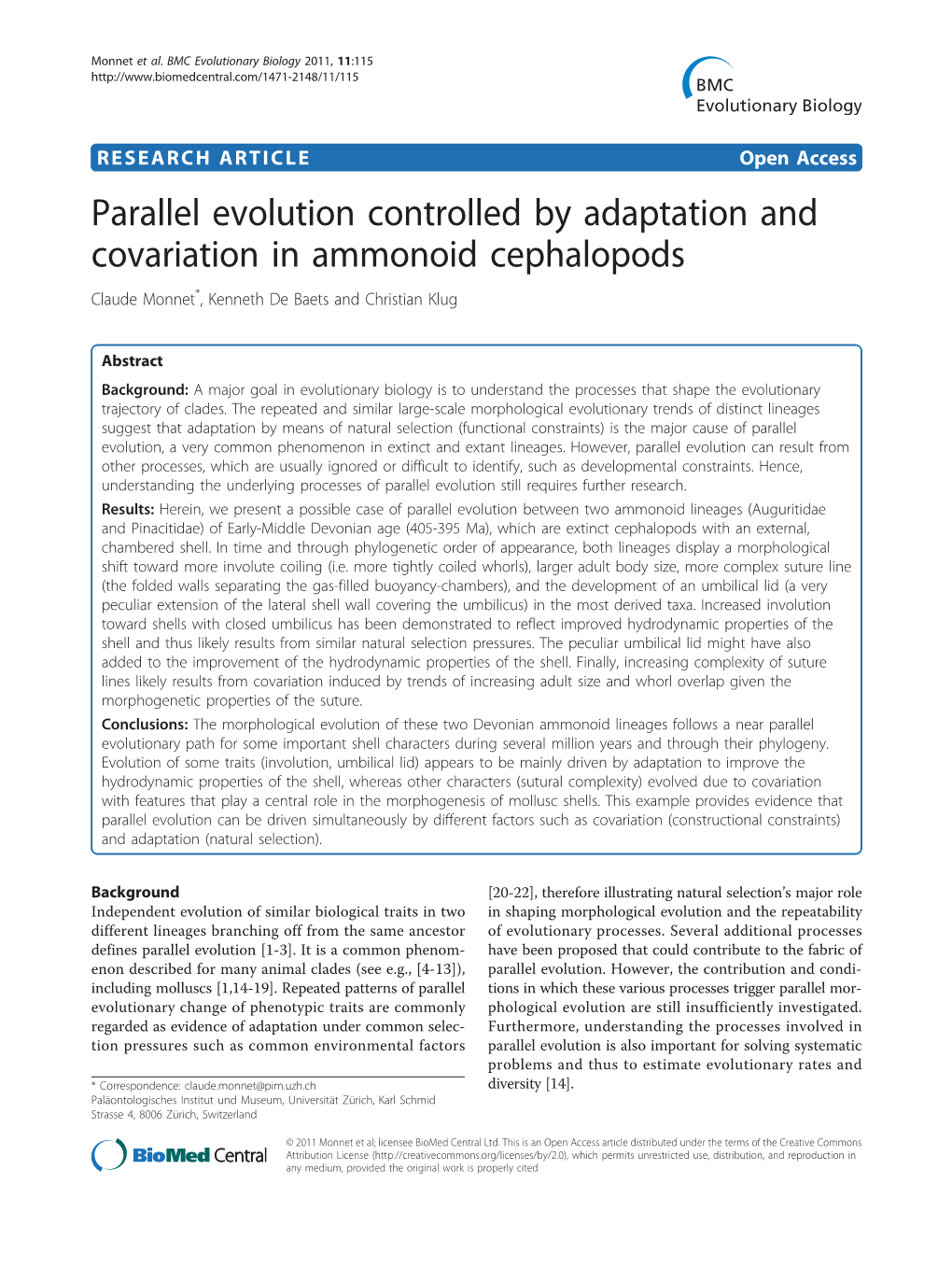 Parallel Evolution Controlled by Adaptation and Covariation in Ammonoid Cephalopods Claude Monnet*, Kenneth De Baets and Christian Klug