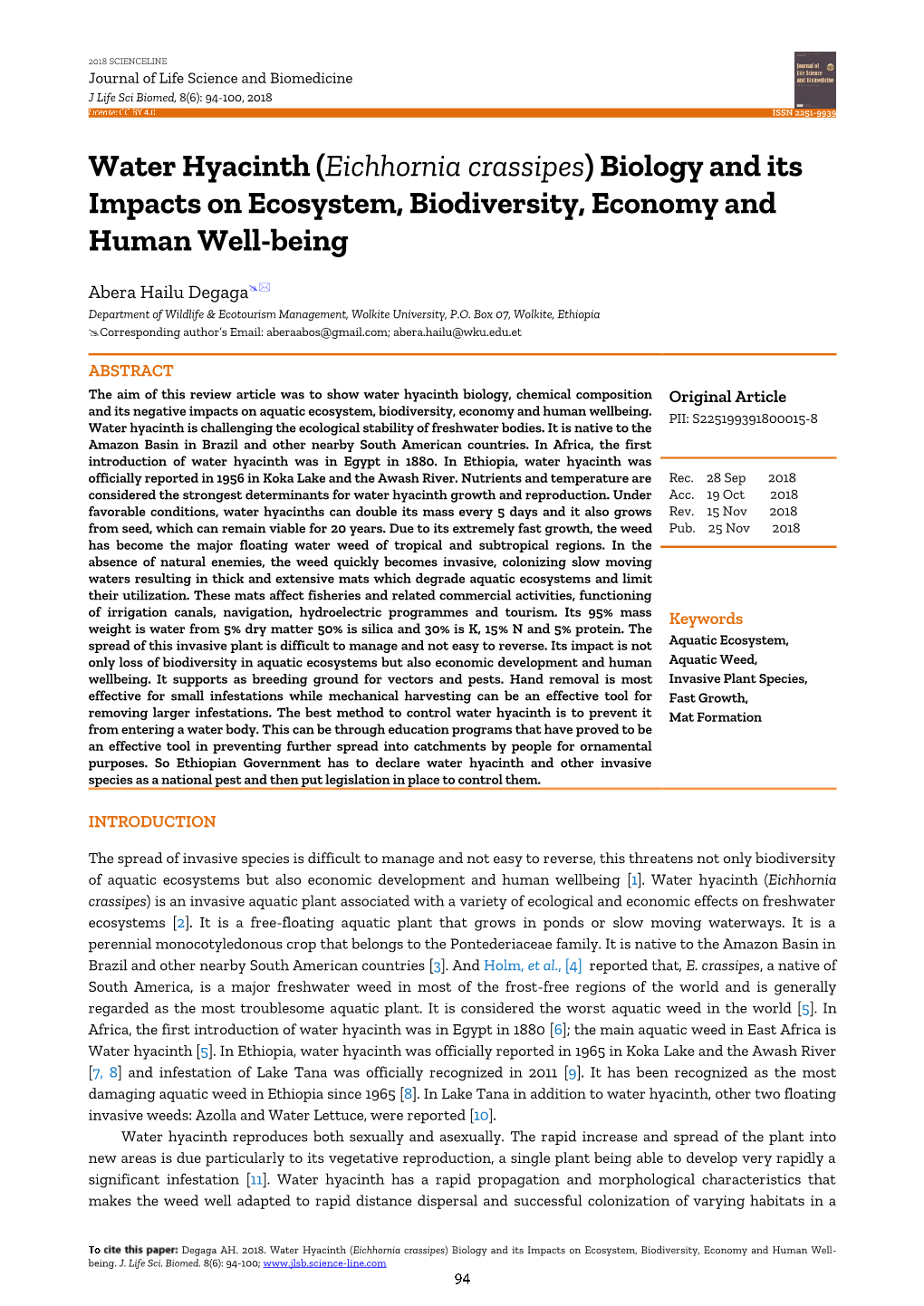 Water Hyacinth (Eichhornia Crassipes) Biology and Its Impacts on Ecosystem, Biodiversity, Economy and Human Well-Being