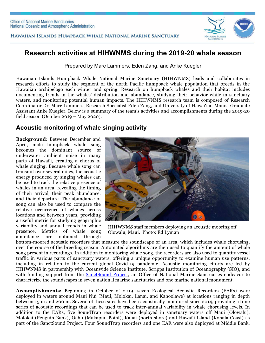 Research Activities at HIHWNMS During the 2019-20 Whale Season