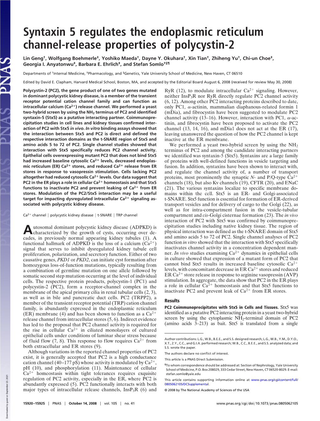 Syntaxin 5 Regulates the Endoplasmic Reticulum Channel-Release Properties of Polycystin-2