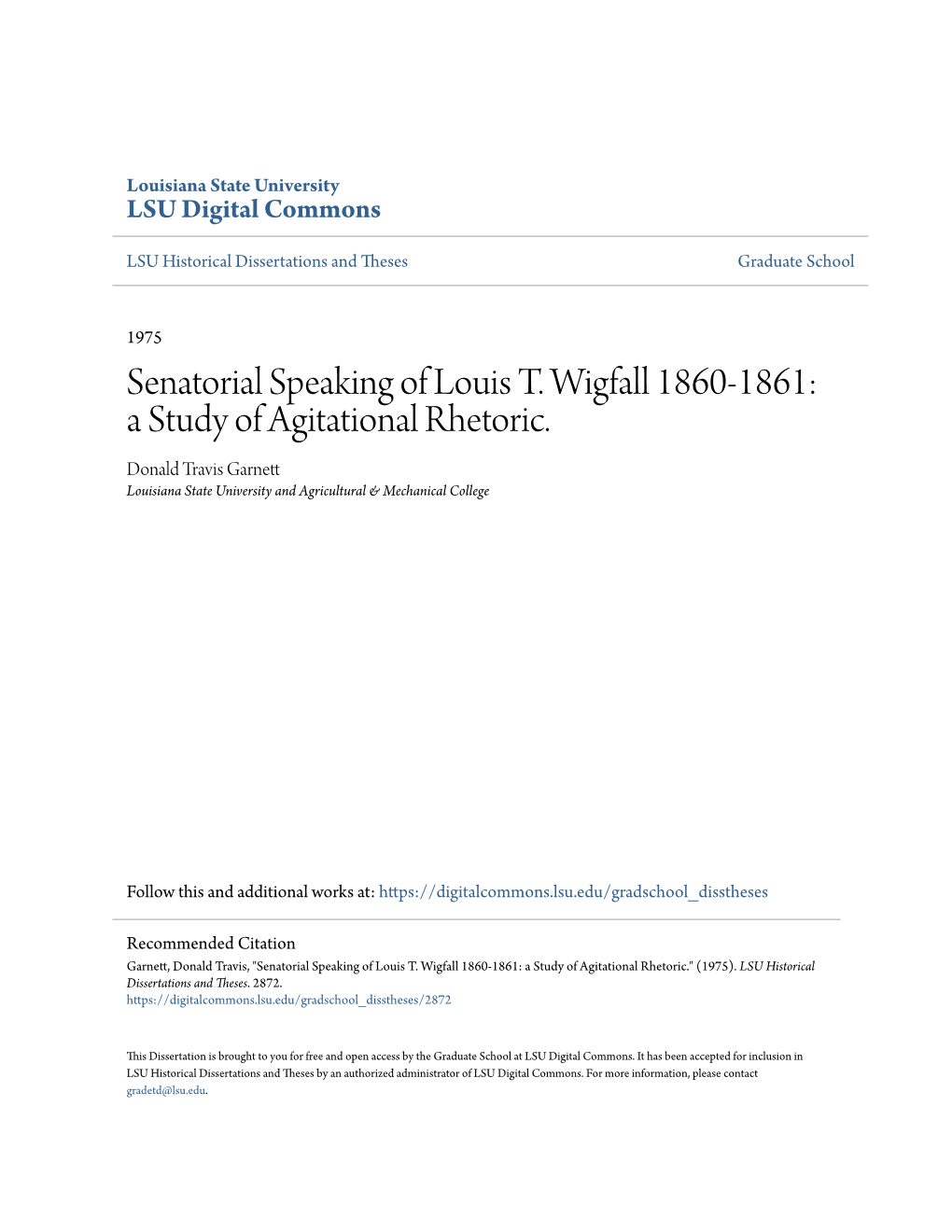 Senatorial Speaking of Louis T. Wigfall 1860-1861: a Study of Agitational Rhetoric