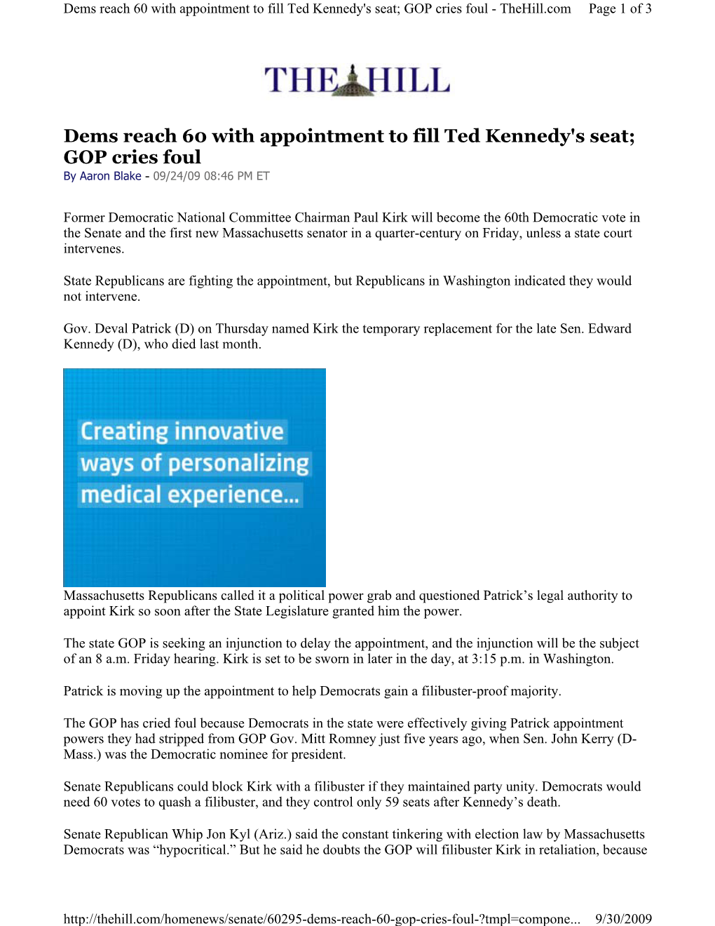 Dems Reach 60 with Appointment to Fill Ted Kennedy's Seat; GOP Cries Foul - Thehill.Com Page 1 of 3