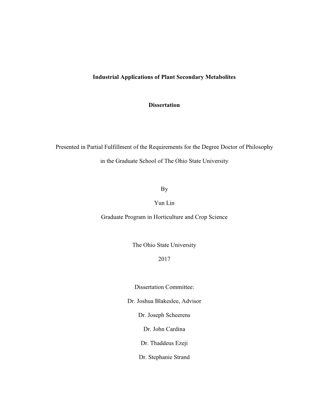 Industrial Applications of Plant Secondary Metabolites Dissertation