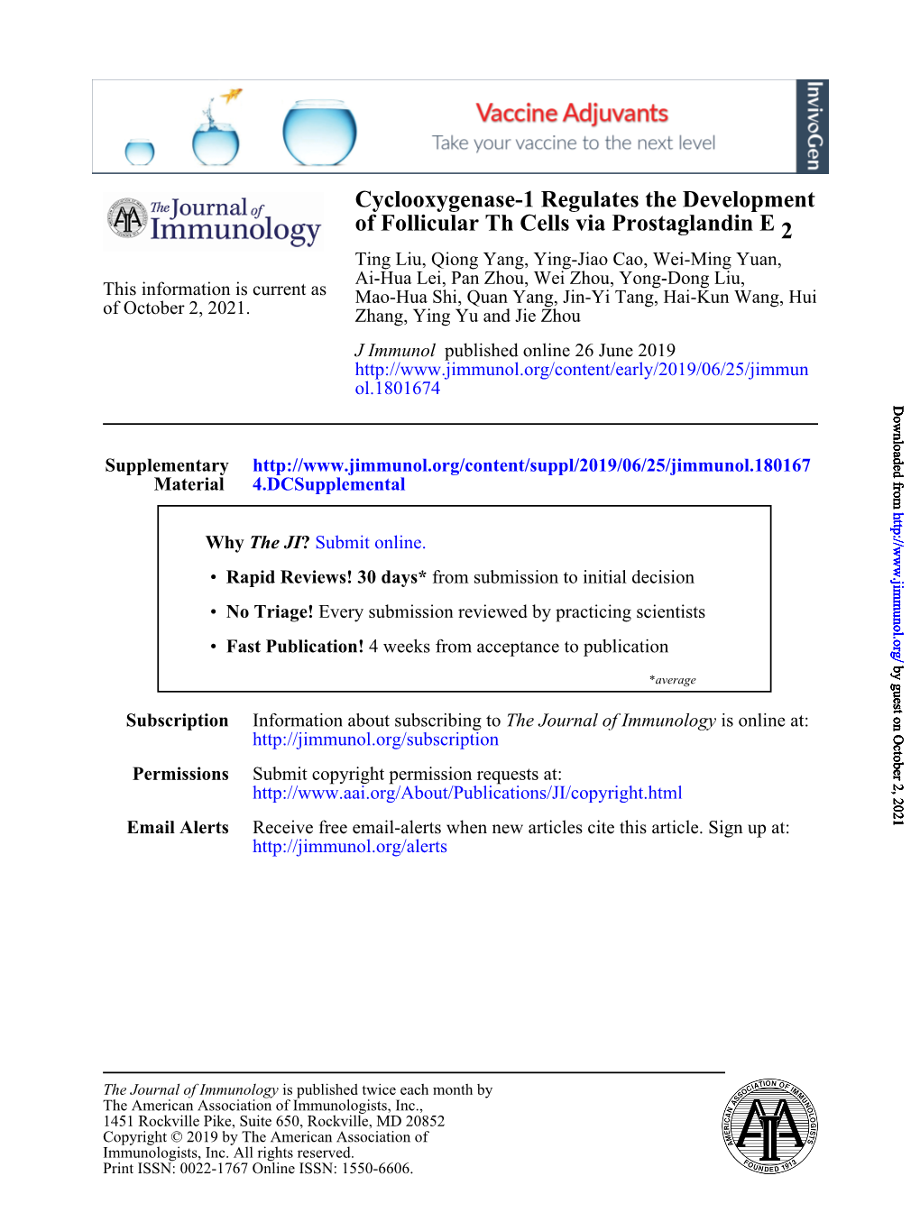 Cyclooxygenase-1 Regulates the Development of Follicular Th Cells