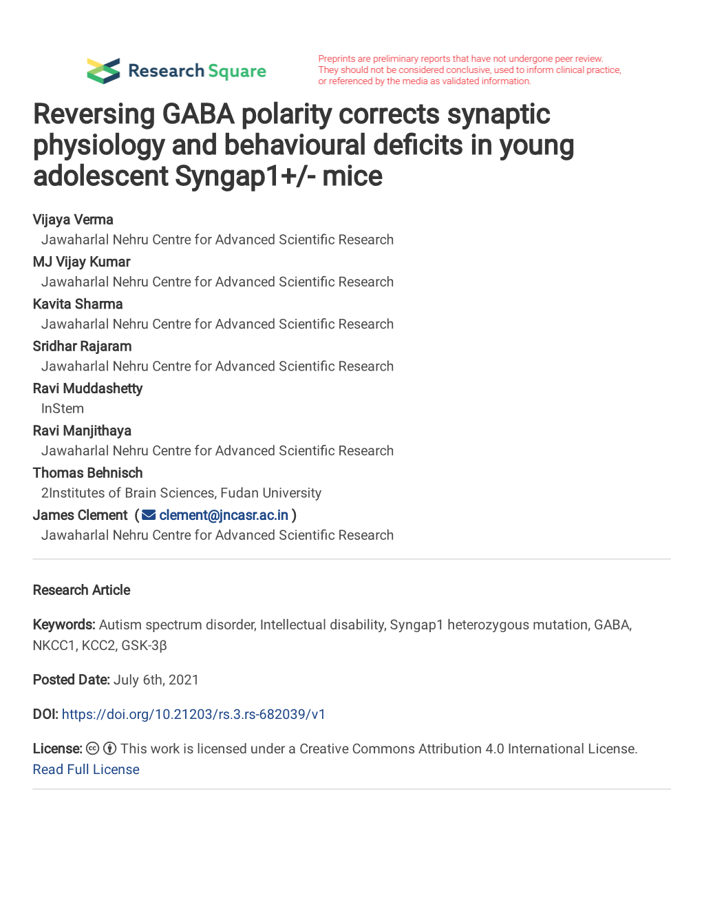 Reversing GABA Polarity Corrects Synaptic Physiology and Behavioural De�Cits in Young Adolescent Syngap1+/- Mice