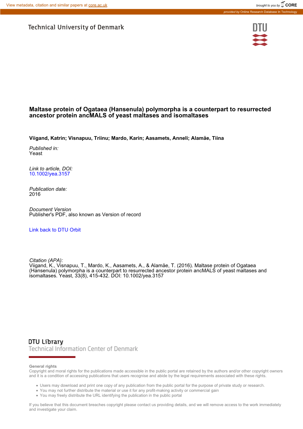 Maltase Protein of Ogataea (Hansenula) Polymorpha Is a Counterpart to Resurrected Ancestor Protein Ancmals of Yeast Maltases and Isomaltases