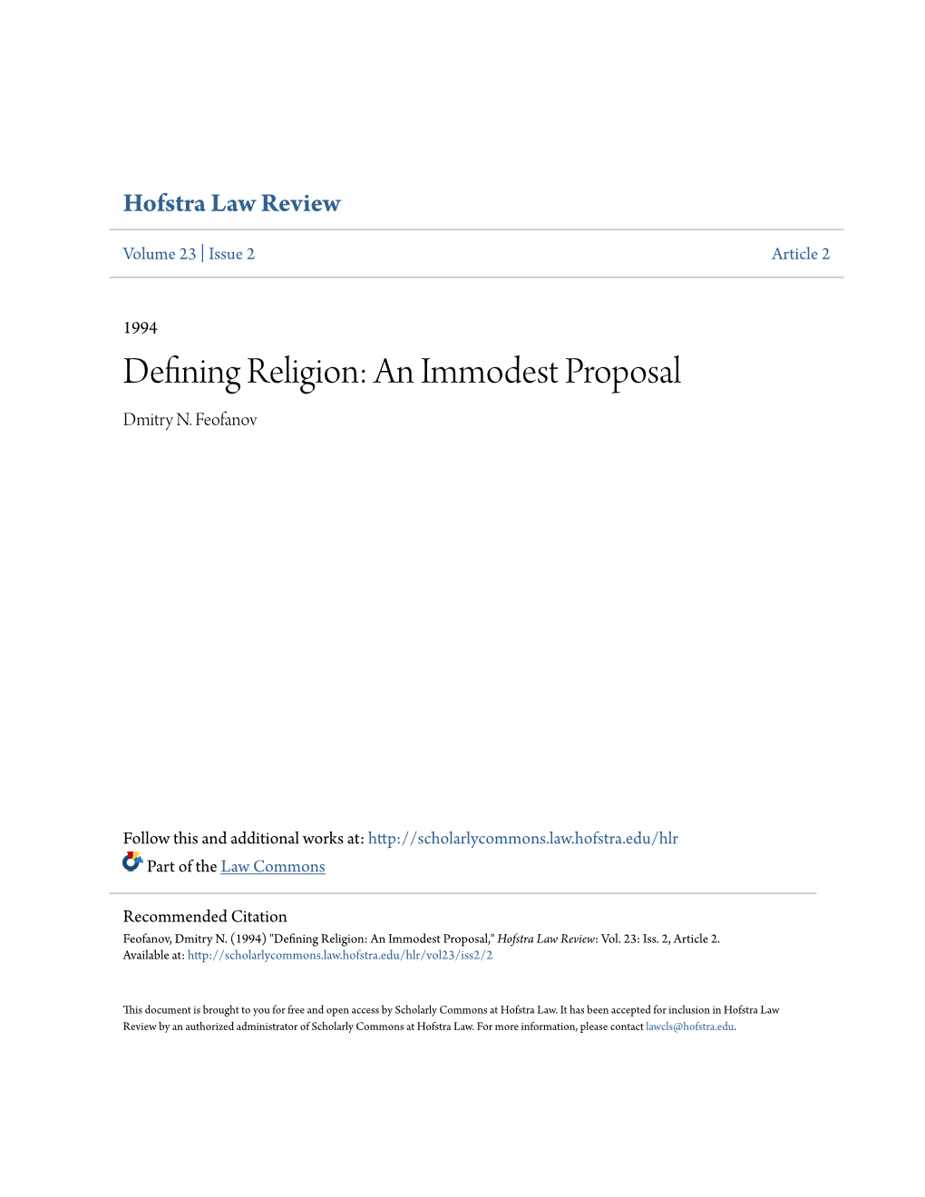 Defining Religion: an Immodest Proposal Dmitry N