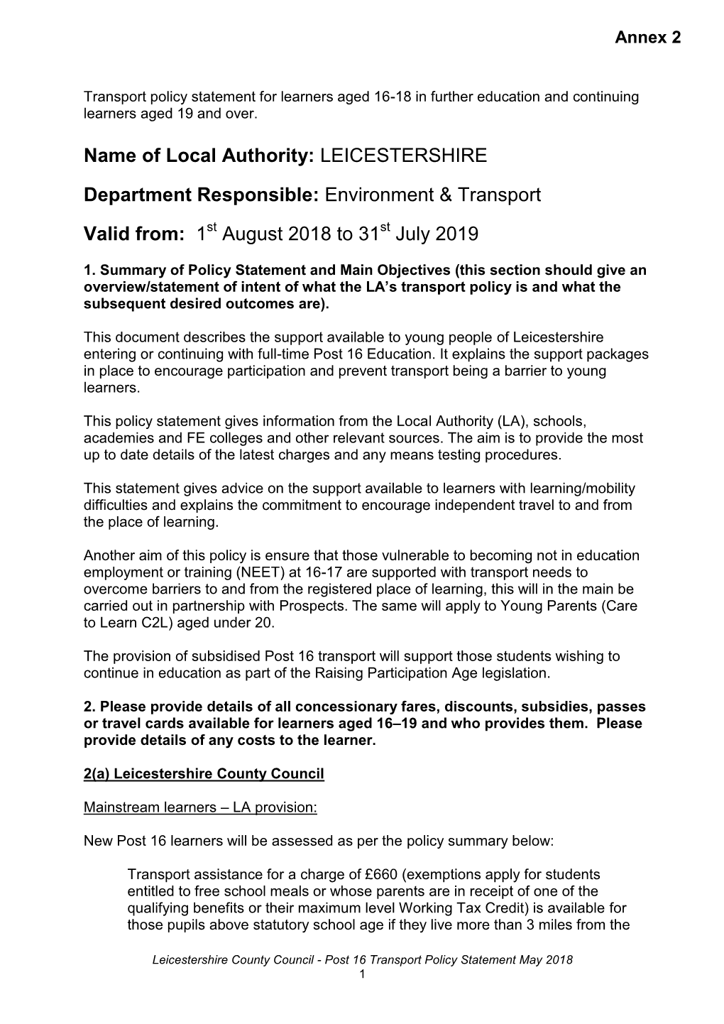 Transport Policy Statement for Learners Aged 16-18 in Further Education and Continuing Learners Aged 19 and Over