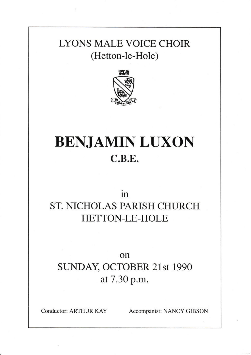 Programme Lyons Male Voice Choir with Benjamin Luxon CBE 21St Oct