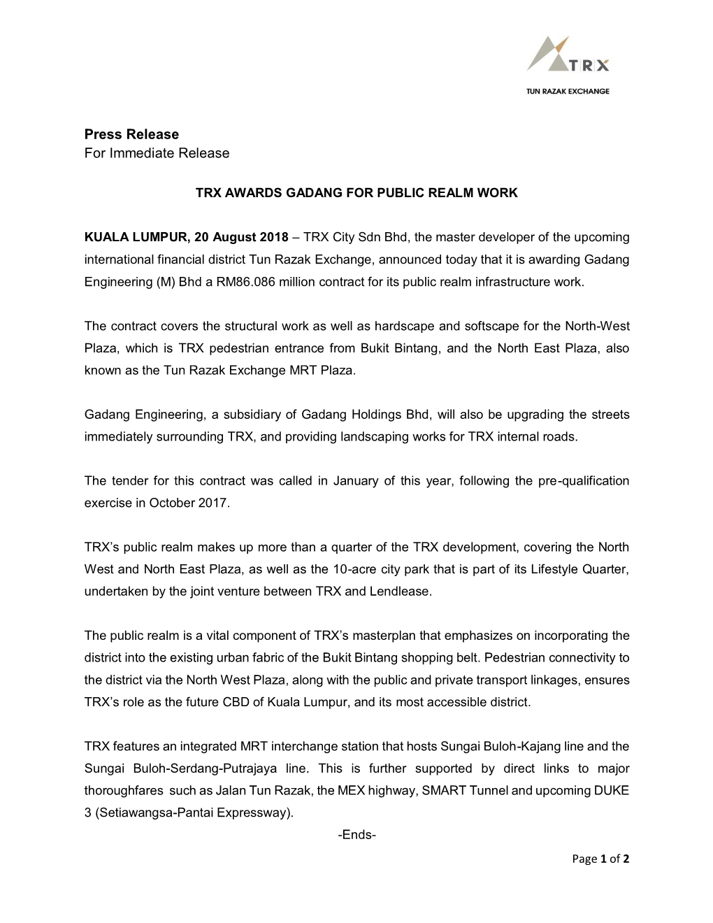 Press Release for Immediate Release