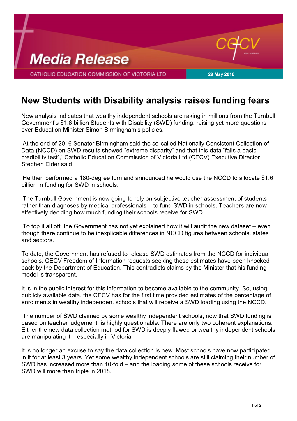 New Students with Disability Analysis Raises Funding Fears