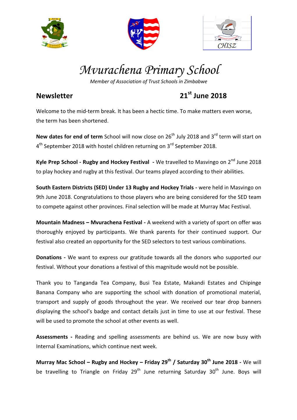 Mvurachena Primary School Member of Association of Trust Schools in Zimbabwe Newsletter 21St June 2018