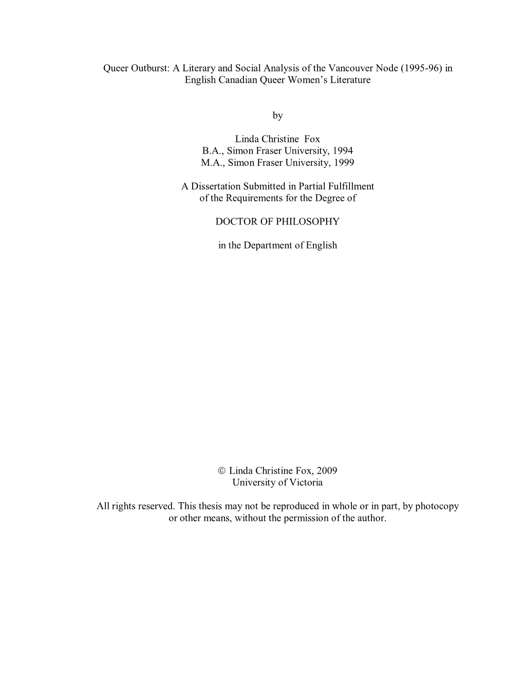 Queer Outburst: a Literary and Social Analysis of the Vancouver Node (1995-96) in English Canadian Queer Women‘S Literature