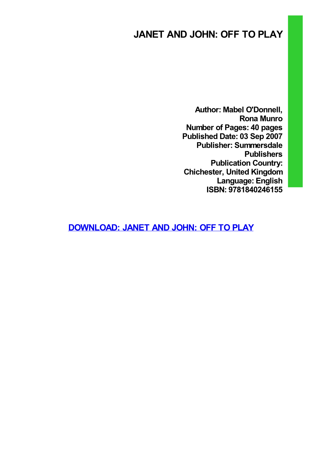 Janet and John: Off to Play Pdf Free Download