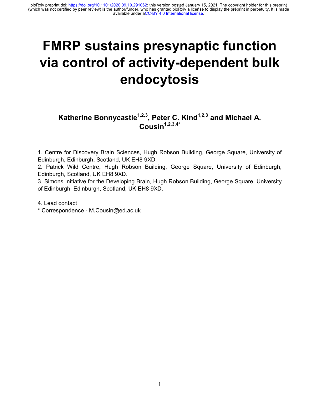 FMRP Sustains Presynaptic Function Via Control of Activity-Dependent Bulk Endocytosis