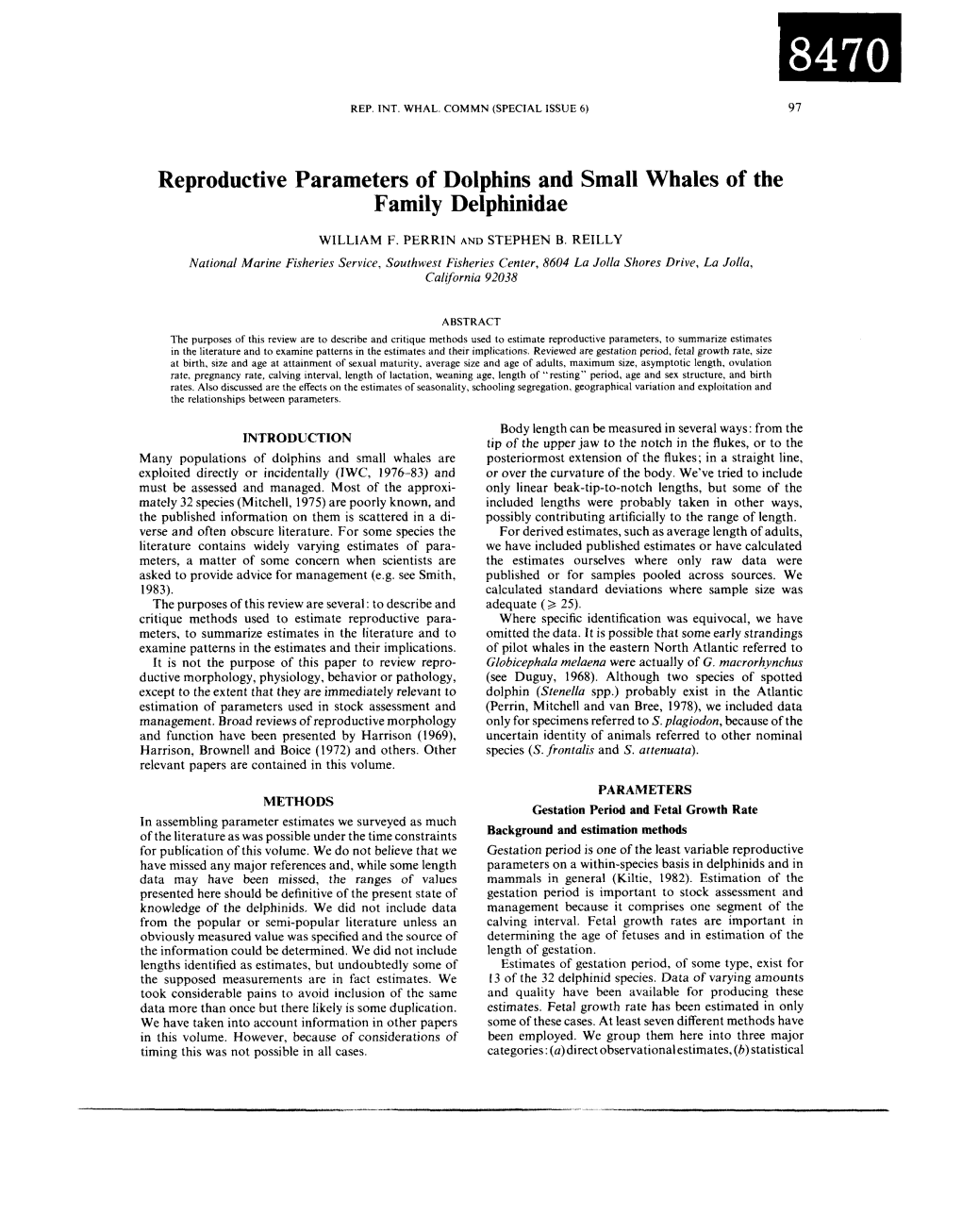 Reproductive Parameters of Dolphins and Small Whales of the Family Deiphinidae