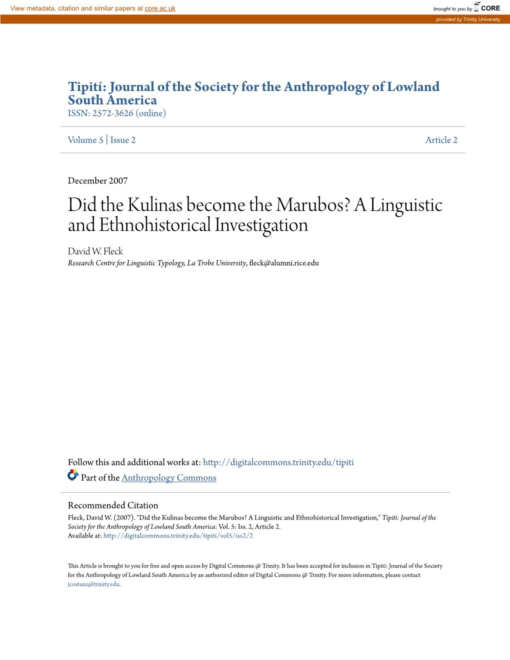 Did the Kulinas Become the Marubos? a Linguistic and Ethnohistorical Investigation David W