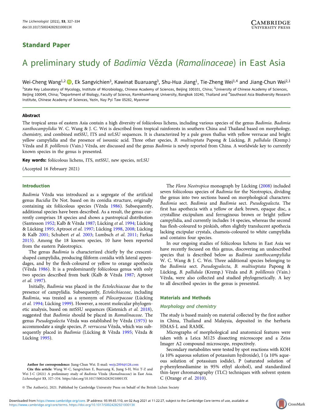 A Preliminary Study of Badimia Vězda (Ramalinaceae) in East Asia