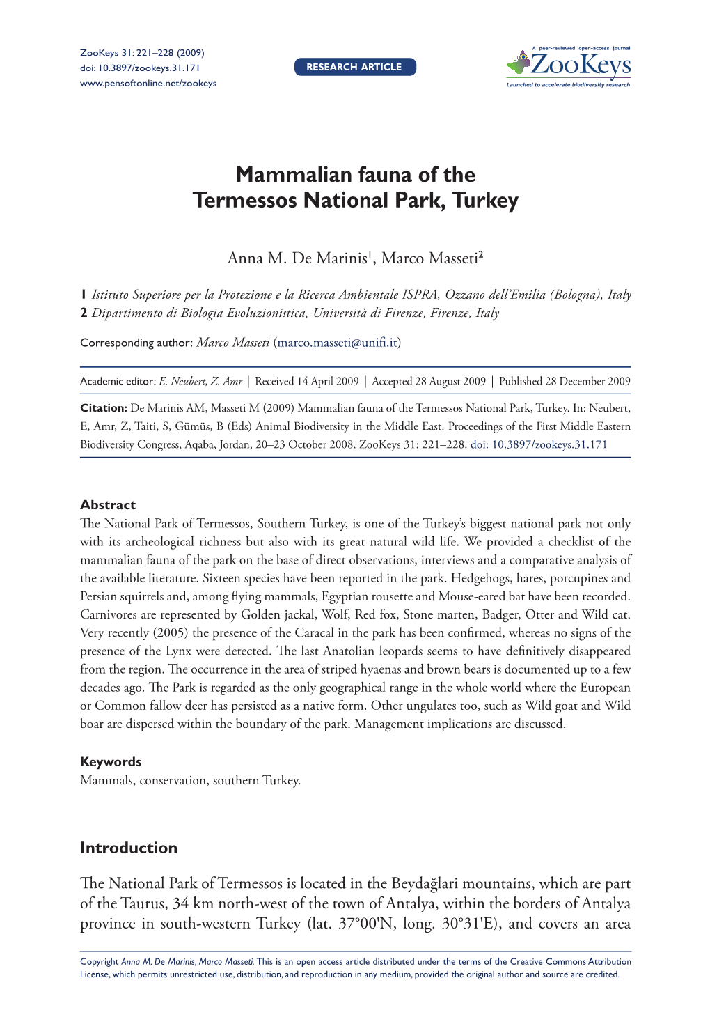 Mammalian Fauna of the Termessos National Park, Turkey
