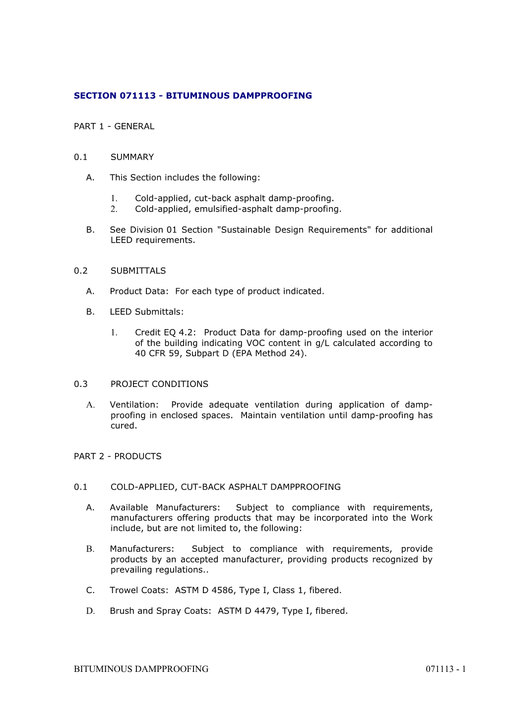 Section 071113 - Bituminous Dampproofing