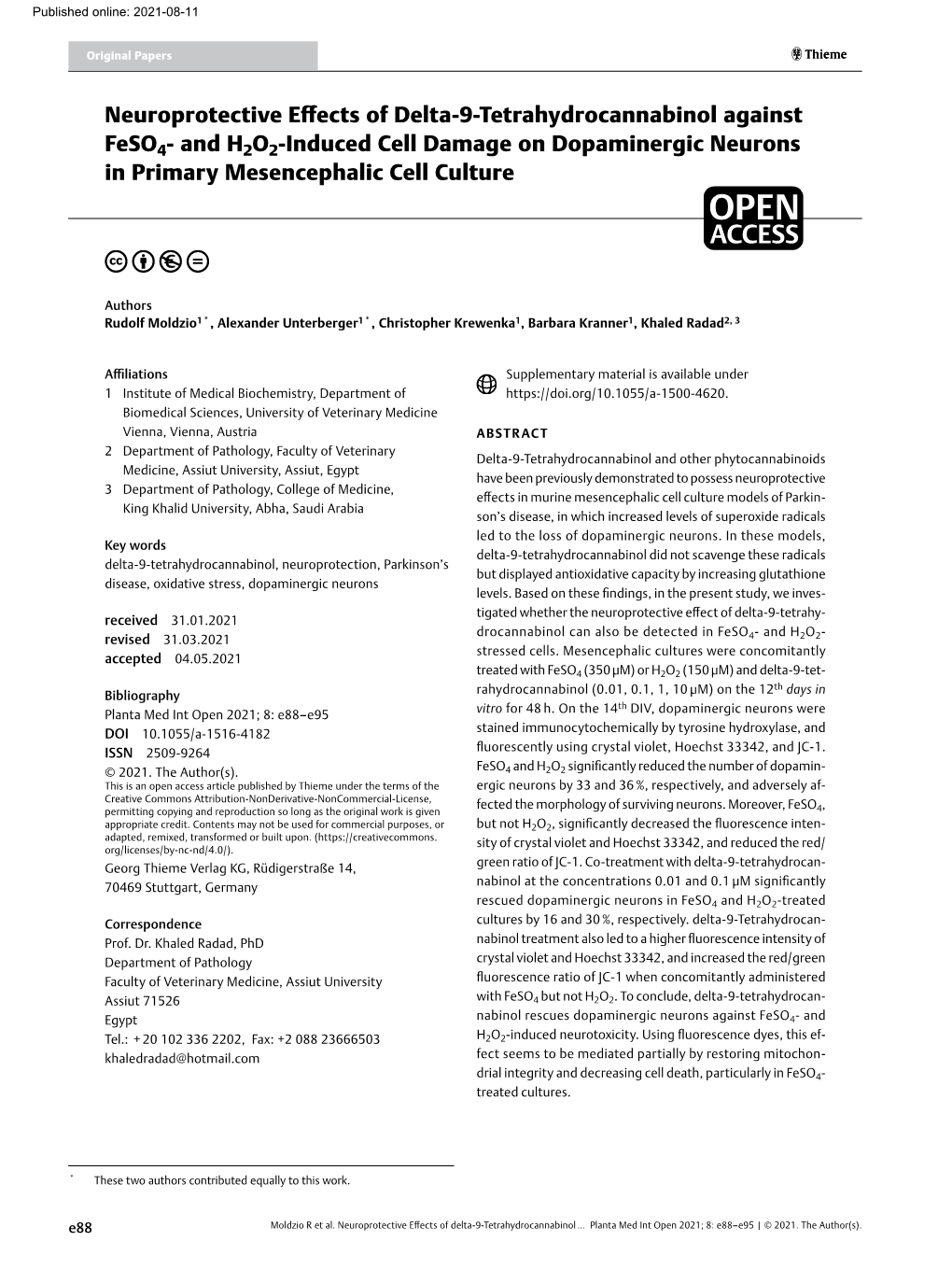 Neuroprotective Effects of Delta-9-Tetrahydrocannabinol Against Feso4- and H2O2-Induced Cell Damage on Dopaminergic Neurons in Primary Mesencephalic Cell Culture