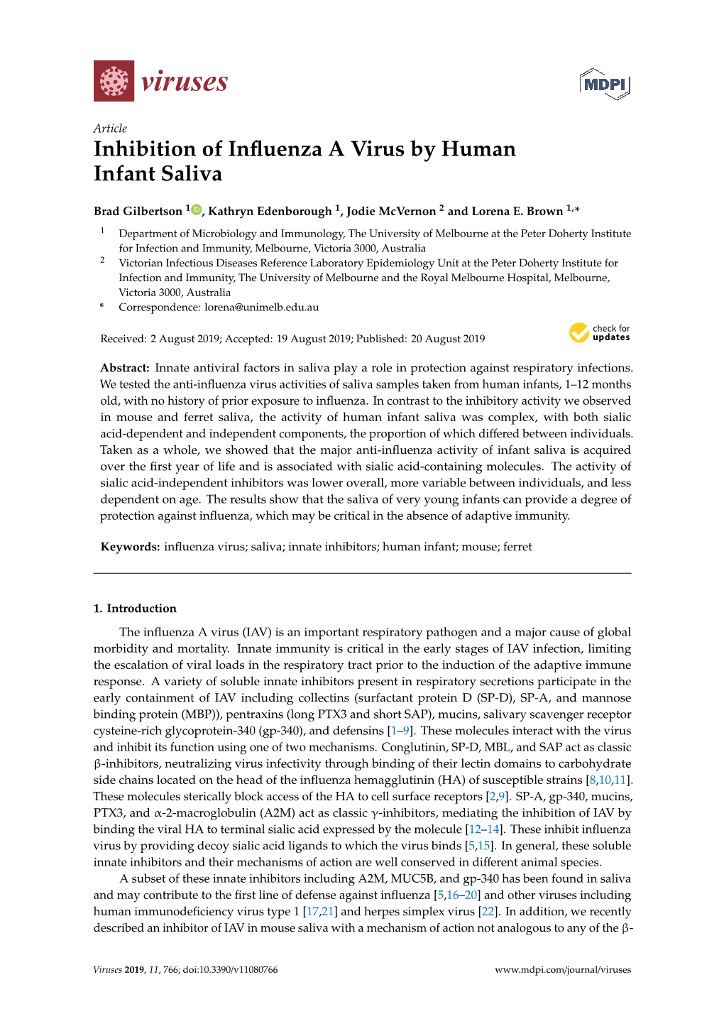 Inhibition of Influenza a Virus by Human Infant Saliva